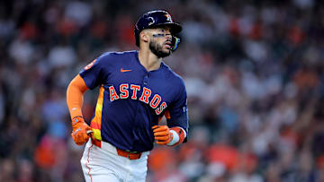 Aug 17, 2025; Houston, Texas, USA; Houston Astros third baseman Carlos Correa (1) runs up the first base line after hitting a single against the Baltimore Orioles during the first inning at Daikin Park. Mandatory Credit: Erik Williams-Imagn Images