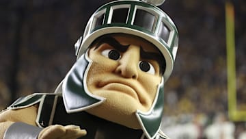 Oct 26, 2024; Ann Arbor, Michigan, USA;  Michigan State Spartans mascot Sparty on the sideline against the Michigan Wolverines at Michigan Stadium. Mandatory Credit: Rick Osentoski-Imagn Images