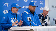 BYU head coach Kalani Sitake with coordinators Aaron Roderick and Jay Hill