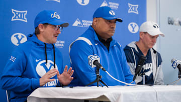BYU head coach Kalani Sitake with coordinators Aaron Roderick and Jay Hill