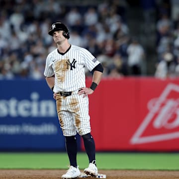 May 20, 2024; Bronx, New York, USA; New York Yankees third baseman Jon Berti (19) reacts after being caught trying to steal second base to end the eighth inning against the Seattle Mariners at Yankee Stadium. Mandatory Credit: Brad Penner-Imagn Images