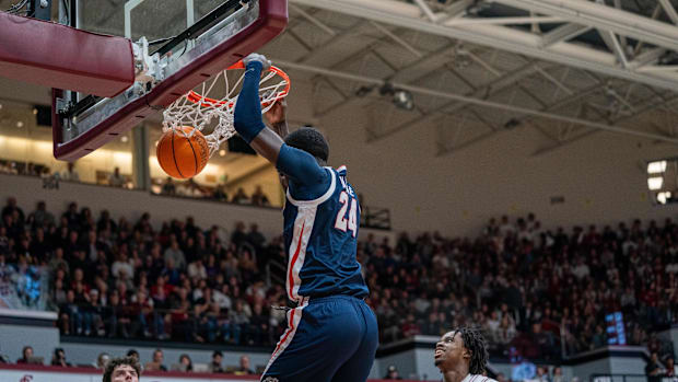 Gonzaga Bulldogs center Ismaila Diagne (24) dunks the basketball against the Santa Clara Broncos.