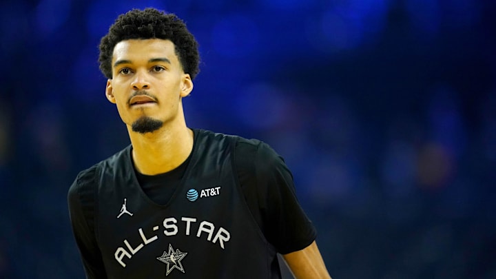 Feb 15, 2025; Oakland, CA, USA; Chuck’s Global Stars forward Victor Wembanyama (1) of the San Antonio Spurs stands on the court during the NBA All Star-Practice at Oracle Arena. Mandatory Credit: Cary Edmondson-Imagn Images