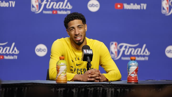 Indiana Pacers guard Tyrese Haliburton during NBA Finals Media Day. Indiana Pacers guard Tyrese Haliburton during NBA Finals Media Day.