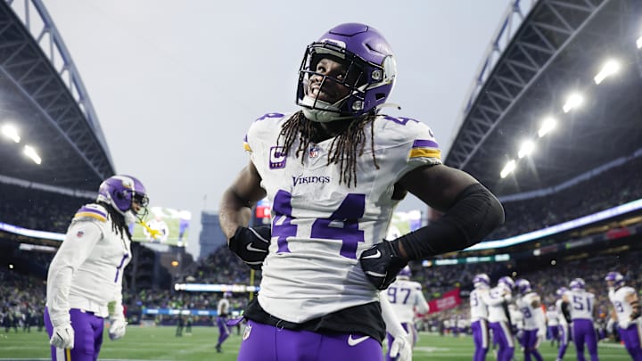 Dec 22, 2024; Seattle, Washington, USA; Minnesota Vikings safety Josh Metellus (44) poses for a photo following a Seattle Seahawks turnover during the fourth quarter at Lumen Field. Dec 22, 2024; Seattle, Washington, USA; Minnesota Vikings safety Josh Metellus (44) poses for a photo following a Seattle Seahawks turnover during the fourth quarter at Lumen Field.