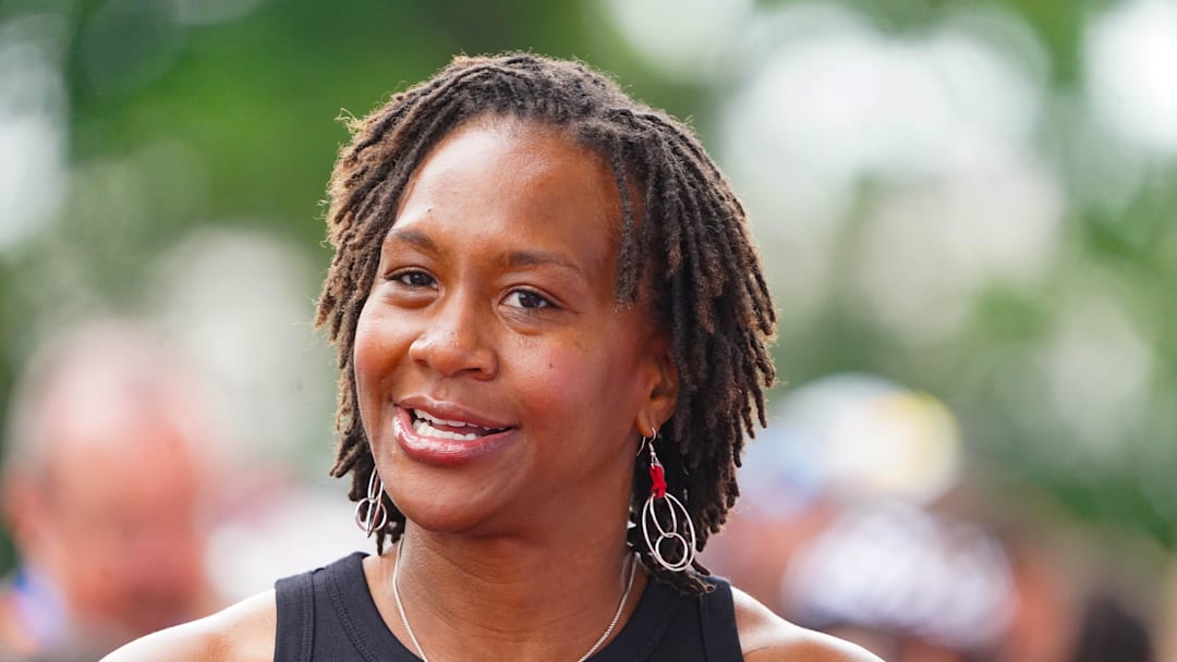 May 26, 2024; Indianapolis, IN, USA; Retired WNBA player Tamika Catchings walks the celebrity red carpet on Sunday, May 26, 2024, during the 108th running of the Indianapolis 500 at Indianapolis Motor Speedway. Mandatory Credit: Michelle Pemberton-Imagn Images