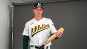 Mesa, AZ, USA; Oakland Athletics infielder Logan Davidson (49) poses for a portrait during spring training photo day at HoHoKam Stadium.