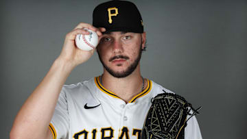 Feb 18, 2025; Bradenton, FL, USA; Pittsburgh Pirates pitcher Paul Skenes (30) poses for a photo during media day at Pirate City.