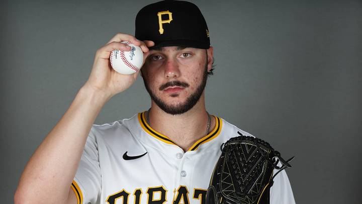 Feb 18, 2025; Bradenton, FL, USA; Pittsburgh Pirates pitcher Paul Skenes (30) poses for a photo during media day at Pirate City.