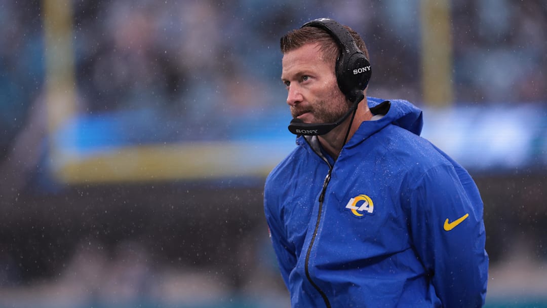 Nov 30, 2025; Charlotte, North Carolina, USA; Los Angeles Rams head coach Sean McVay looks on during the third quarter against the Carolina Panthers at Bank of America Stadium. Mandatory Credit: Scott Kinser-Imagn Images