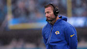 Nov 30, 2025; Charlotte, North Carolina, USA; Los Angeles Rams head coach Sean McVay looks on during the third quarter against the Carolina Panthers at Bank of America Stadium. Mandatory Credit: Scott Kinser-Imagn Images