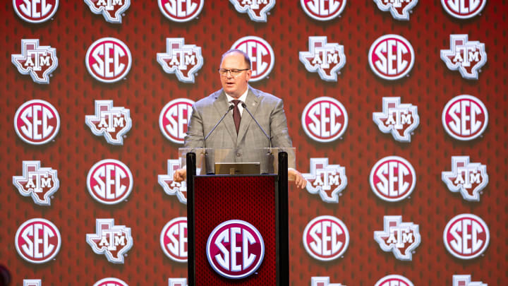 Jul 18, 2024; Dallas, TX, USA; Texas A&M head coach Mike Elko speaking at Omni Dallas Hotel. Mandatory Credit: Brett Patzke-USA TODAY Sports