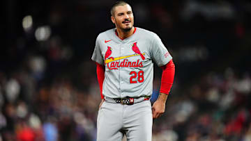 Sep 25, 2024; Denver, Colorado, USA; St. Louis Cardinals third base Nolan Arenado (28) reacts in the fourth inning against the Colorado Rockies at Coors Field. Mandatory Credit: Ron Chenoy-Imagn Images