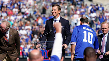 The New York Giants retire Eli Manning's jersey during a Ring of Honor ceremony at MetLife Stadium in East Rutherford on Sunday, Sept. 26, 2021.