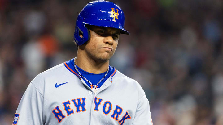 May 5, 2025; Phoenix, Arizona, USA; New York Mets outfielder Juan Soto in the eighth inning against the Arizona Diamondbacks at Chase Field. Mandatory Credit: Mark J. Rebilas-Imagn Images