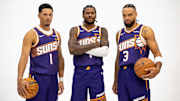 Sep 24, 2025; Phoenix, AZ, USA; Phoenix Suns guard Devin Booker (1), forward Dillon Brooks (3) and guard Jalen Green (4) pose for portrait during Media Day at PHX Arena. Mandatory Credit: Mark J. Rebilas-Imagn Images