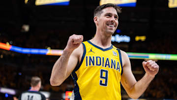 Apr 26, 2024; Indianapolis, Indiana, USA; Indiana Pacers guard T.J. McConnell (9) celebrates the win after game three of the first round for the 2024 NBA playoffs against the Milwaukee Bucks at Gainbridge Fieldhouse. Mandatory Credit: Trevor Ruszkowski-Imagn Images