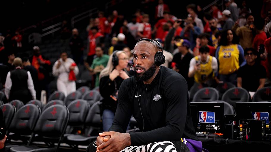 Los Angeles Lakers forward Lebron James talks with Amazon Prime broadcasters after the win vs. the Houston Rockets.