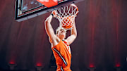 Illinois center Jason Jakstys (11) hammers home a dunk in the Illini's 113-70 win over Florida Gulf Coast last Friday at the State Farm Center in Champaign, Illinois.