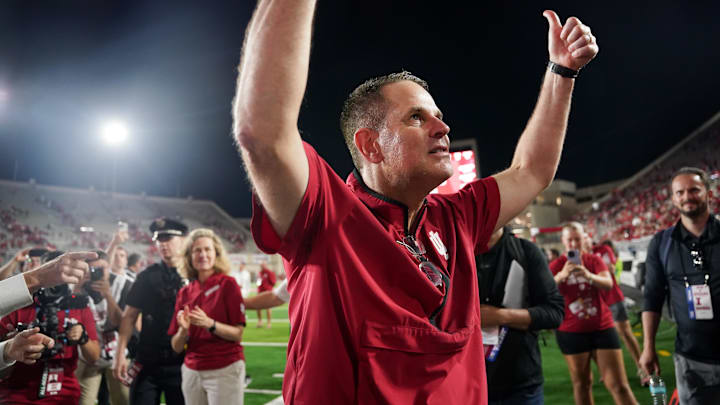 Sep 20, 2025; Bloomington, Indiana, USA; Indiana Hoosiers head coach Curt Cignetti celebrates after defeating the Illinois Fighting Illini at Memorial Stadium. 