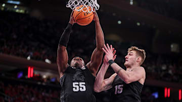 Jan 25, 2025; New York, New York, USA; Michigan State Spartans forward Coen Carr (55) rebounds during the first half against the Rutgers Scarlet Knights at Madison Square Garden. Mandatory Credit: Vincent Carchietta-Imagn Images