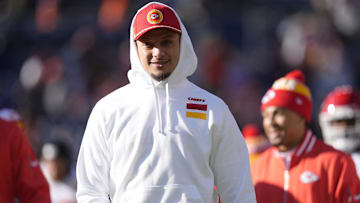 Jan 5, 2025; Denver, Colorado, USA; Kansas City Chiefs quarterback Patrick Mahomes (15) before the game against the Denver Broncos at Empower Field at Mile High. Mandatory Credit: Ron Chenoy-Imagn Images