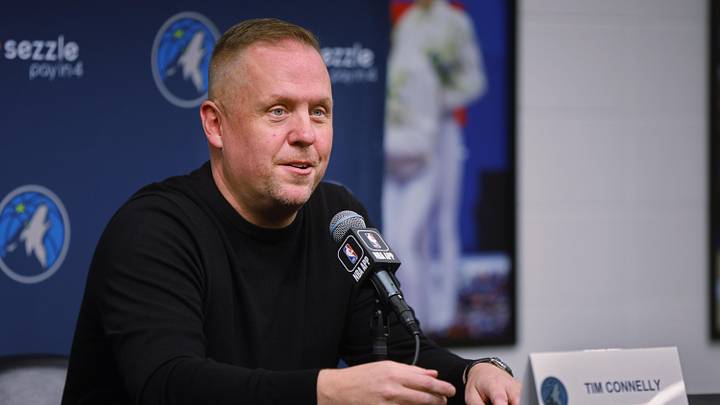 Sep 29, 2025; Minneapolis, MN, USA; Minnesota Timberwolves president of basketball operations Tim Connelly speaks to the media during media day at Target Center. Mandatory Credit: Bruce Kluckhohn-Imagn Images