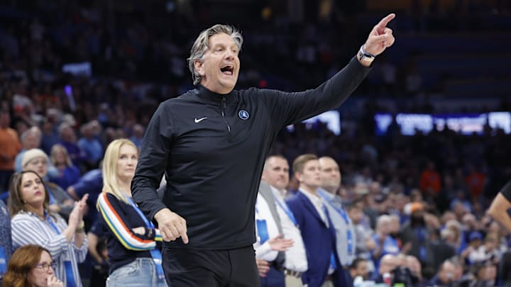 Minnesota Timberwolves head coach Chris Finch gestures to his team during a play against the Oklahoma City Thunder during the second half at Paycom Center. 