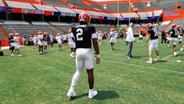 Florida Gators quarterback DJ Lagway (2) looks on during fall football practice at Ben Hill Griffin Stadium at the University of Florida in Gainesville, FL on Saturday, August 2, 2025. [Matt Pendleton/Gainesville Sun]