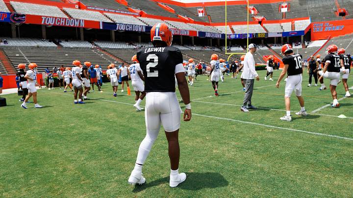 Florida Gators quarterback DJ Lagway (2) looks on during fall football practice at Ben Hill Griffin Stadium at the University of Florida in Gainesville, FL on Saturday, August 2, 2025. [Matt Pendleton/Gainesville Sun]
