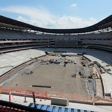 Construction continues on the Buffalo Bills new stadium, across the street from their current home at Highmark Stadium, in Orchard Park, NY Thursday, July 10, 2025. This is the view from one of the end zone’s looking out into the stadium.