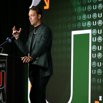 Jul 22, 2025; Charlotte, NC, USA; Miami quarterback Carson Beck answers questions from the media during ACC Media Days at Hilton Charlotte Uptown. Mandatory Credit: Jim Dedmon-Imagn Images