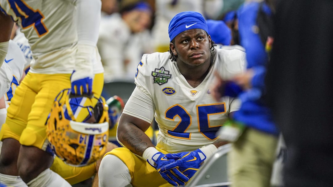 Pittsburgh Panthers defensive lineman Jahsear Whittington (25) looks on from the sideline during the first half of the 2024 GameAbove Sports Bowl at Ford Field in Detroit, Thursday, Dec. 26, 2024. Pittsburgh is down 20-12 at the half.