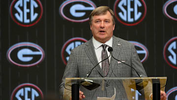 July 15, 2025; Atlanta, GA, USA; Georgia head coach Kirby Smart speaks in the Main Media Room during SEC Media Days at the College Football Hall of Fame in Atlanta.