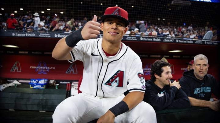 Apr 1, 2024; Phoenix, Arizona, USA; Arizona Diamondbacks outfielder Jorge Barrosa reacts prior to his first career major league game against the New York Yankees at Chase Field. Mandatory Credit: Mark J. Rebilas-USA TODAY Sports