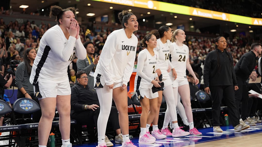 Mar 6, 2026; Greenville, SC, USA; Vanderbilt Commodores bench yells encouragement during the second half against the Mississippi Rebels at Bon Secours Wellness Arena. 