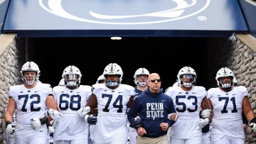 Head coach James Franklin leads the team onto the field for the Penn State Spring Football Game at Beaver Stadium on April 13, 2024 in State College, Pennsylvania.