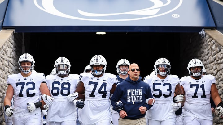 Head coach James Franklin leads the team onto the field for the Penn State Spring Football Game at Beaver Stadium on April 13, 2024 in State College, Pennsylvania.