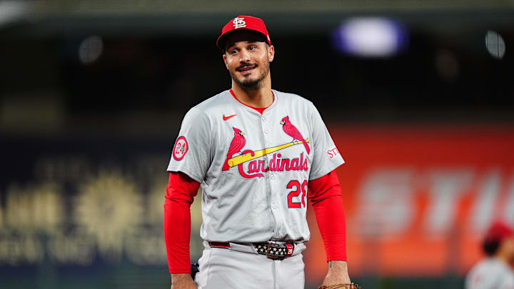 Sep 25, 2024; Denver, Colorado, USA; St. Louis Cardinals third base Nolan Arenado (28) reacts in the third inning against the Colorado Rockies at Coors Field. Mandatory Credit: Ron Chenoy-Imagn Images
