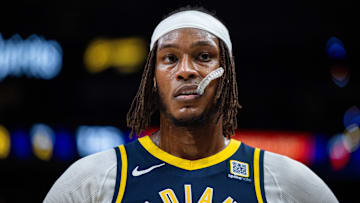 Jan 14, 2025; Indianapolis, Indiana, USA;  Indiana Pacers center Myles Turner (33) in the second half against the Cleveland Cavaliers at Gainbridge Fieldhouse. Mandatory Credit: Trevor Ruszkowski-Imagn Images