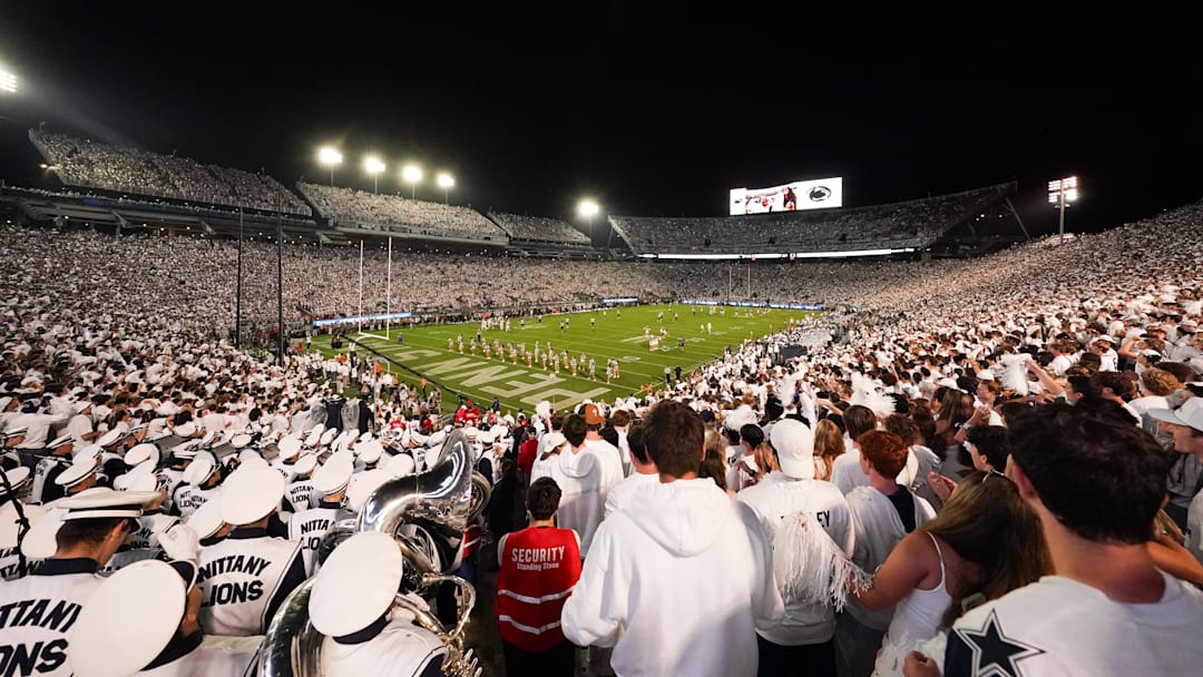 Penn State football fans cheer introductions before the game between the Nittany Lions and Oregon Ducks at Beaver Stadium.