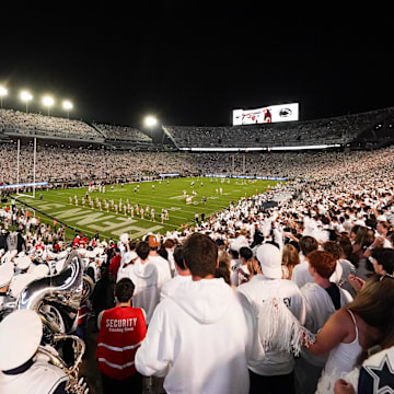 Penn State fans attend the 2025 White Out game at Beaver Stadium between the Nittany Lions and the Oregon Ducks.