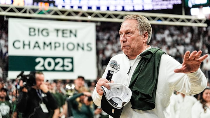 Michigan State head coach Tom Izzo speaks during senior day and Big Ten regular season championship celebration at Breslin Center in East Lansing on Sunday, March 9, 2025.