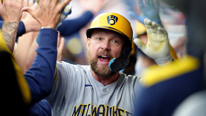 May 31, 2025; Philadelphia, Pennsylvania, USA; Milwaukee Brewers infielder Rhys Hoskins (12) celebrates with teammates after hitting a three-run home run against the Philadelphia Phillies in the first inning at Citizens Bank Park. Mandatory Credit: Kyle Ross-Imagn Images