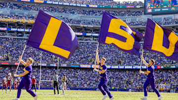 Nov 15, 2025; Baton Rouge, Louisiana, USA;  LSU Tigers cheerleaders react to a touchdown against the Arkansas Razorbacks during the second half at Tiger Stadium. Mandatory Credit: Stephen Lew-Imagn Images