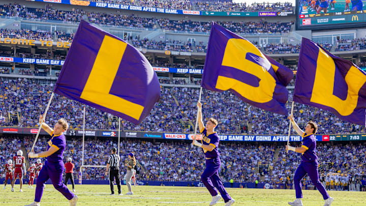 Nov 15, 2025; Baton Rouge, Louisiana, USA;  LSU Tigers cheerleaders react to a touchdown against the Arkansas Razorbacks during the second half at Tiger Stadium. Mandatory Credit: Stephen Lew-Imagn Images