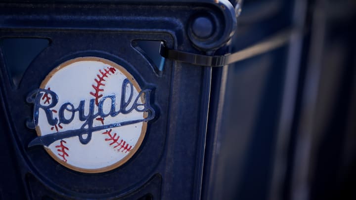 Apr 1, 2021; Kansas City, Missouri, USA; A general view of the Kansas City Royals logo on seats with complimentary flags for fans before the Opening Day game against the Texas Rangers Kauffman Stadium. Mandatory Credit: Denny Medley-Imagn Images