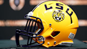 Jan 12, 2020; New Orleans, Louisiana, USA; An LSU Tigers helmet on display before the head coaches press conference for the CFP with LSU Tigers head coach Ed Orgeron and Clemson Tigers head coach Dabo Swinney at the Sheraton New Orleans, Grand Ballroom. Mandatory Credit: John David Mercer-Imagn Images
