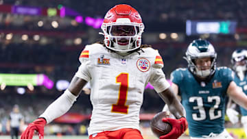 Kansas City Chiefs wide receiver Xavier Worthy against the Philadelphia Eagles in Super Bowl LIX at Ceasars Superdome. 