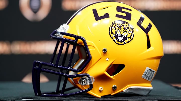 Jan 12, 2020; New Orleans, Louisiana, USA; An LSU Tigers helmet on display before the head coaches press conference for the CFP with LSU Tigers head coach Ed Orgeron and Clemson Tigers head coach Dabo Swinney at the Sheraton New Orleans, Grand Ballroom. Mandatory Credit: John David Mercer-Imagn Images